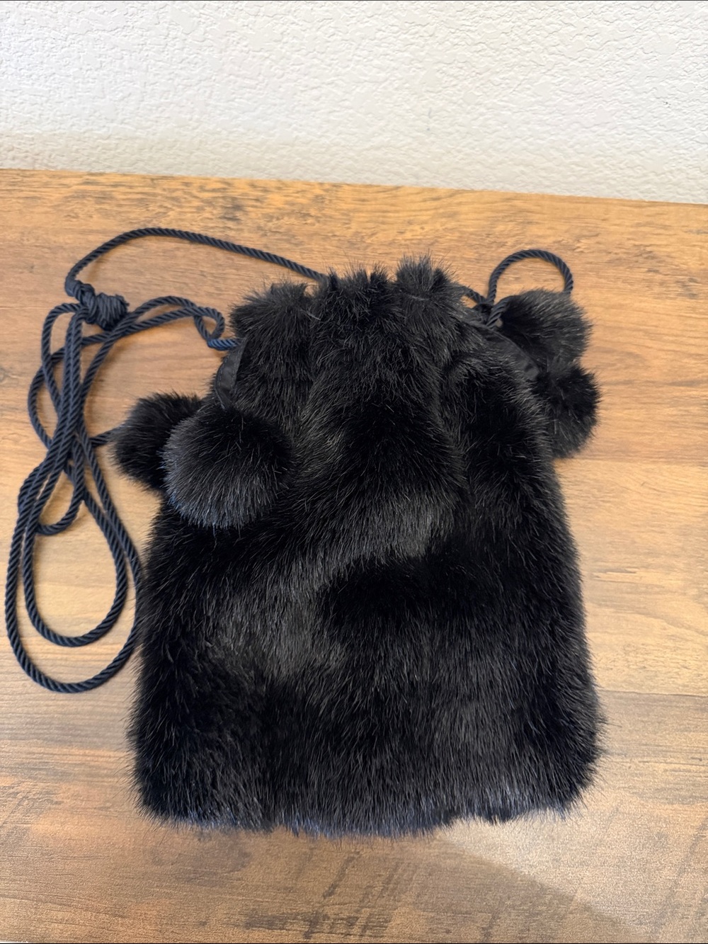 La Maison de la Fausse Fourrure Saks Fifth Ave Black Faux Fur Drawstring Handbag